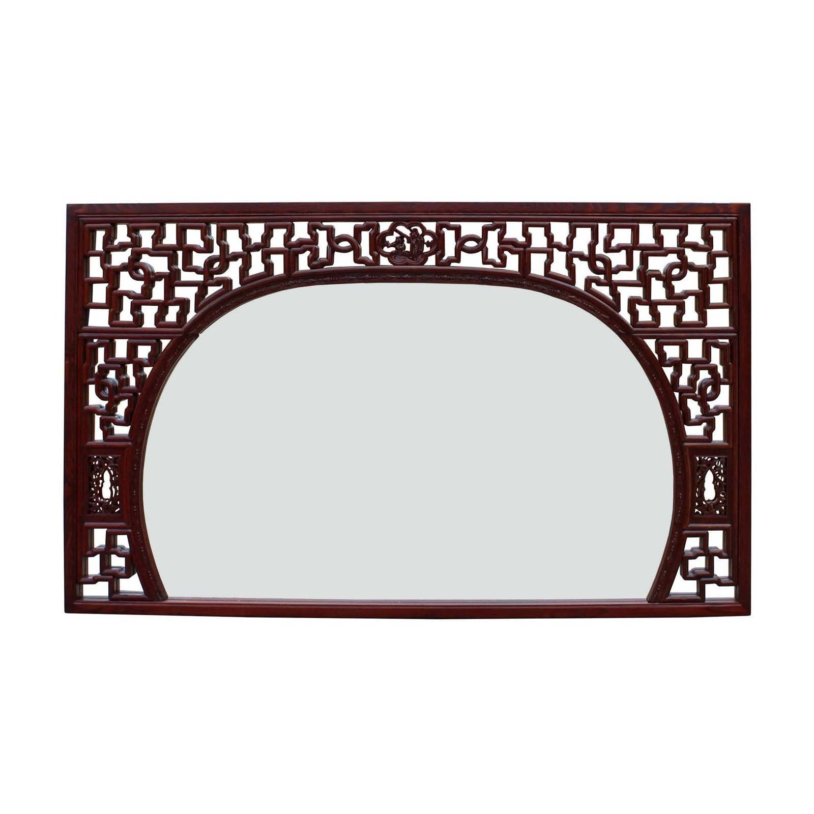 Chinese Reddish Brown Stain Geometric Scenery Carving Wood Frame Wall Mirror cs3513S