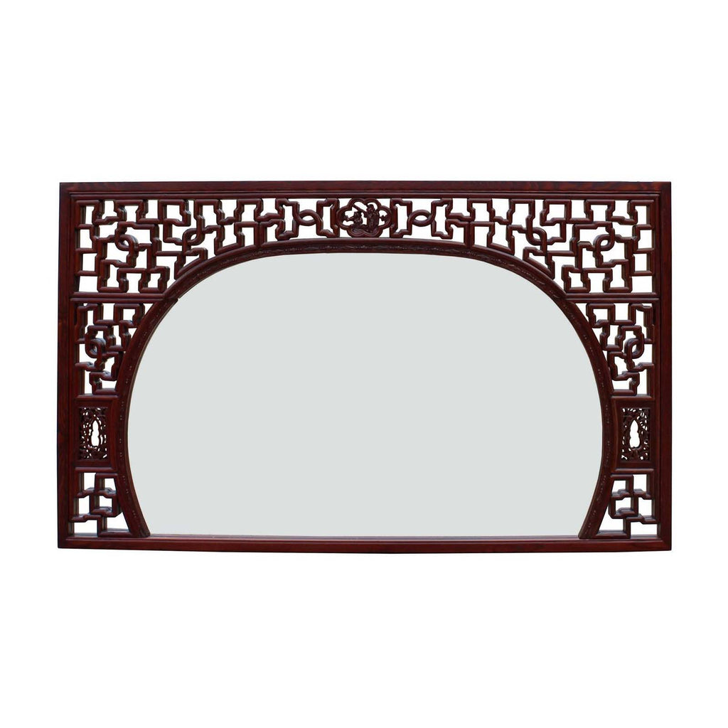 Chinese Reddish Brown Stain Geometric Scenery Carving Wood Frame Wall Mirror cs3513S