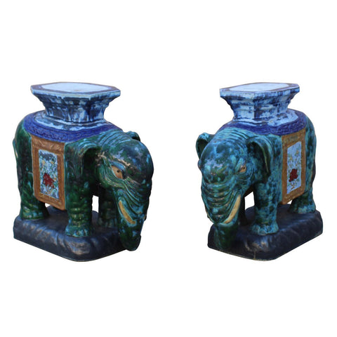 pair ceramic blue color elephant statue