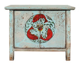 Chinese Distressed Light Pale Blue Fishes Graphic Table Cabinet cs3929S