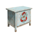 Chinese Distressed Light Pale Blue Fishes Graphic Table Cabinet cs3929S