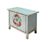 Chinese Distressed Light Pale Blue Fishes Graphic Table Cabinet cs3929S