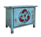 Chinese Distressed Light Pale Blue Fishes Graphic Table Cabinet cs3970S