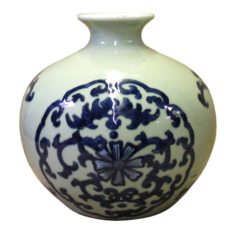 Chinese Oriental Ceramic Light Celadon Green Blue Graphic Vase cs4108S