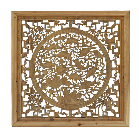 Chinese rectangular fish lotus wood carved wall panel 