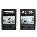 Chinese Vintage Pair Flower Birds Graphic Porcelain Wood Wall Panels Art cs4337S