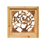 carved wood panel with bird and tree