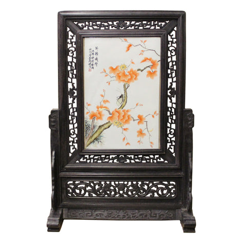 Chinese Wood Frame Porcelain Plaque Table Top Screen Display cs4384S