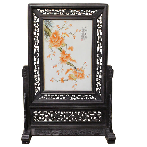 Chinese Wood Frame Porcelain Plaque Table Top Screen Display cs4386S