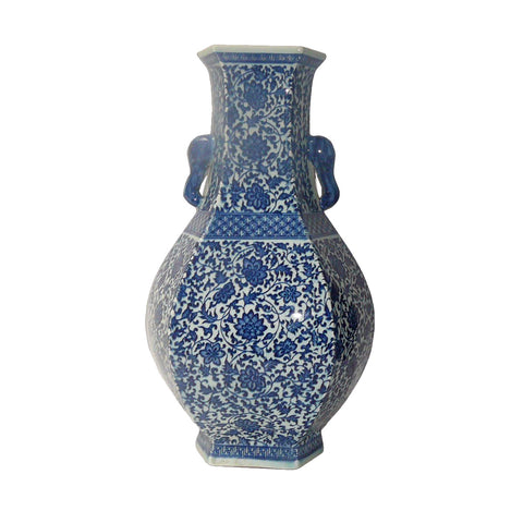 Chinese Blue & White Porcelain Hexagon Lotus Flower Vase cs448S