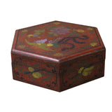 Chinese Distressed Brown Red Bird Graphic Hexagon Shape Box cs4666S