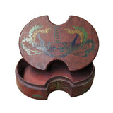 Chinese Distressed Brown Lacquer Oval Phoenix Graphic Box cs4670S