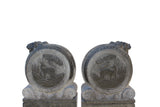 pair natural stone carved feng shui foo dog in drum base