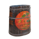 Distressed Chinese Tibetan Barrel Shape Black Floral Bucket Wood Container cs4971S