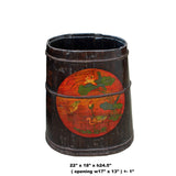 Distressed Chinese Tibetan Barrel Shape Black Floral Bucket Wood Container cs4971S