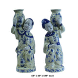 Pair Oriental Ceramic Cream Yellow Blue Couple Holding Jar Figures cs5215S
