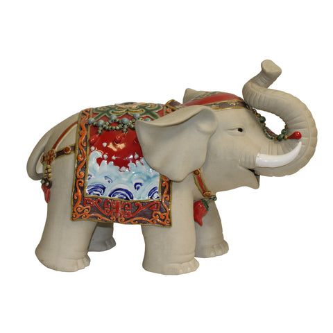 ceramic elephant - oriental elephant figure - trunk up elephant
