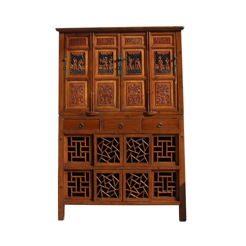 Chinese Brown Open Panel Relief Carving Storage Stack Cabinet cs5460S