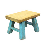 Raw Wood Top Finish Blue Legs Rectangular Short Stool Table cs5604S