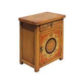 Chinese Oriental Distressed Mustard Yellow Graphic End Table Nightstand cs5767S