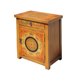 Chinese Oriental Distressed Mustard Yellow Graphic End Table Nightstand cs5767S