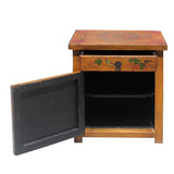 Chinese Oriental Distressed Mustard Yellow Graphic End Table Nightstand cs5767S