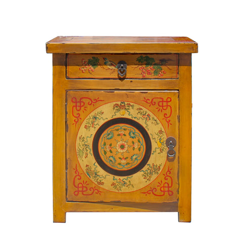Chinese Oriental Distressed Mustard Yellow Graphic End Table Nightstand cs5767S