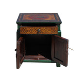 Oriental Distressed Green Yellow Kids Graphic End Table Nightstand cs5772S