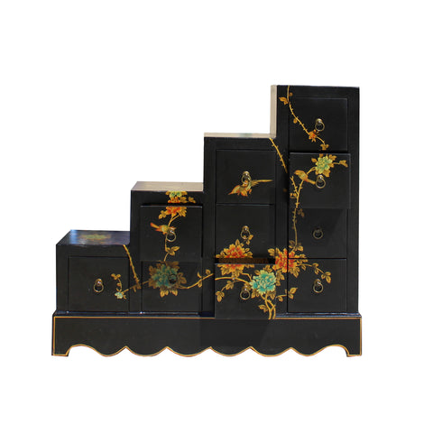 Oriental Black Color Vinyl Flower Birds Step Tansu Cabinet cs5776S