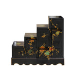 Oriental Black Color Vinyl Flower Birds Step Tansu Cabinet cs5776S