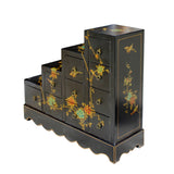Oriental Black Color Vinyl Flower Birds Step Tansu Cabinet cs5776S