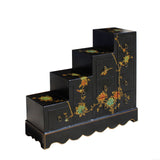 Oriental Black Color Vinyl Flower Birds Step Tansu Cabinet cs5776S