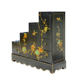 Oriental Black Color Vinyl Flower Birds Step Tansu Cabinet cs5776S