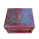 Chinese Rustic Distressed Pink Red Graphic End Table Nightstand cs5901S