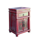Chinese Rustic Distressed Pink Red Graphic End Table Nightstand cs5901S