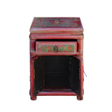 Chinese Rustic Distressed Pink Red Graphic End Table Nightstand cs5901S