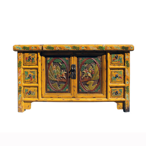 Chinese Distressed Yellow Carving Motif TV Console Table Cabinet cs5905S