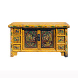 Chinese Distressed Yellow Carving Motif TV Console Table Cabinet cs5905S