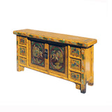 Chinese Distressed Yellow Carving Motif TV Console Table Cabinet cs5905S