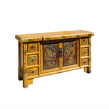 Chinese Distressed Yellow Carving Motif TV Console Table Cabinet cs5905S