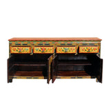 Chinese Tibetan Color Flower Graphic Credenza Sideboard Console Cabinet cs5939S