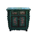 Chinese Distressed Green & Brown Flower Graphic Table Cabinet cs5948S