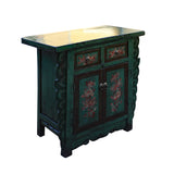 Chinese Distressed Green & Brown Flower Graphic Table Cabinet cs5948S