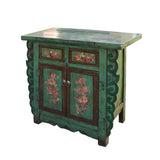 Chinese Distressed Green & Brown Flower Graphic Table Cabinet cs5948S