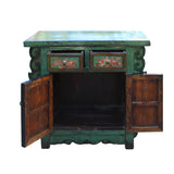 Chinese Distressed Green & Brown Flower Graphic Table Cabinet cs5948S