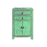 Oriental Distressed Green Lacquer Two Drawers End Table Nightstand cs6097S