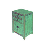 Oriental Distressed Green Lacquer Two Drawers End Table Nightstand cs6097S