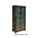 Oriental Distressed Black Teal Blue Lacquer Slim Storage Cabinet cs6116S