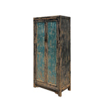 Oriental Distressed Black Teal Blue Lacquer Slim Storage Cabinet cs6116S