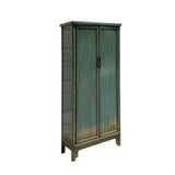 Chinese Oriental Distressed Pastel Moss Green Lacquer Slim Storage Cabinet cs6125S
